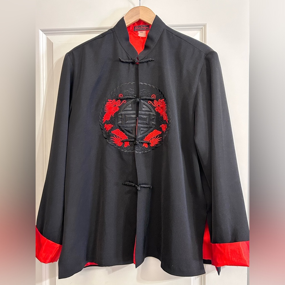 Unisex SILVER DRAGON XXL vintage 70s 80s red embroidered Kimono Jacket lined